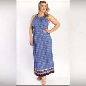 NWT Skies Are Blue Geometric Blue Printed Tie Back Maxi Dress Size 2X